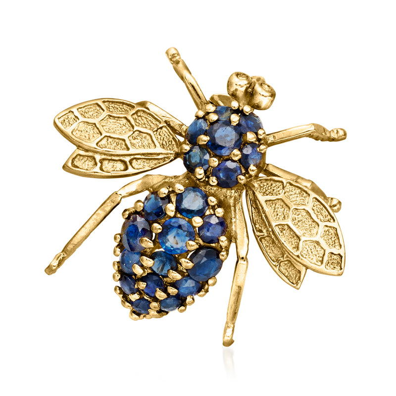 Vintage yellow gold bumblebee pin with round blue sapphire cluster wings
