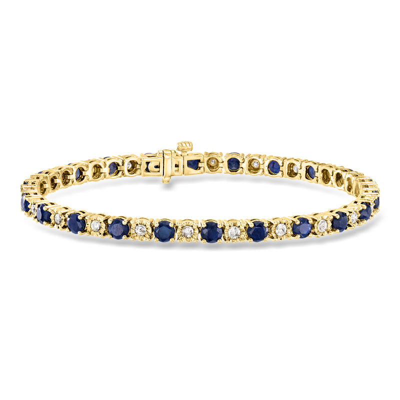 Gold tennis bracelet with sapphire and diamond row stones, secure clasp detail