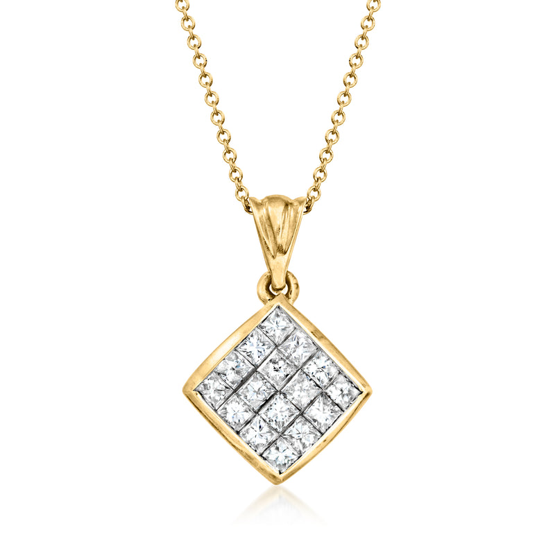Yellow gold diamond square pendant necklace with four-prong-set square diamonds