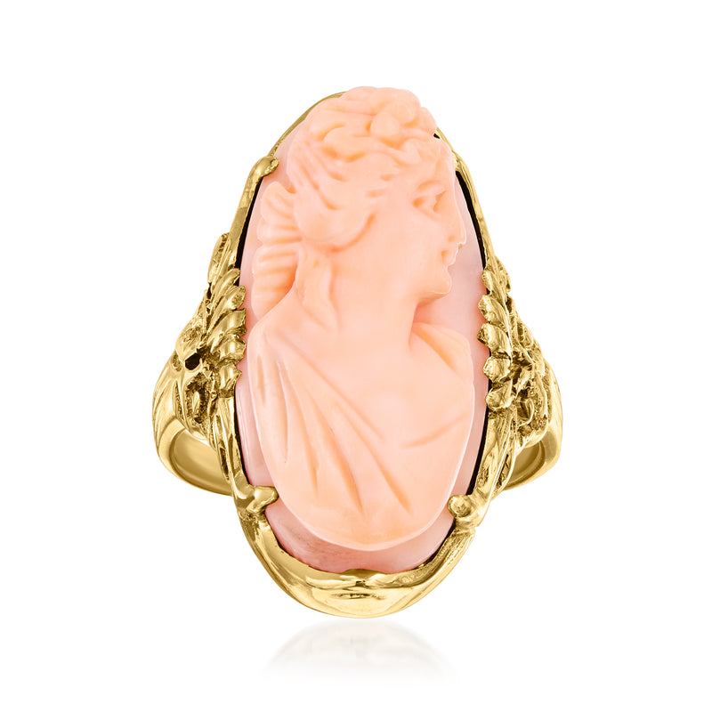 Vintage coral cameo ring, 14kt yellow gold with carved oval pink cameo centerpiece