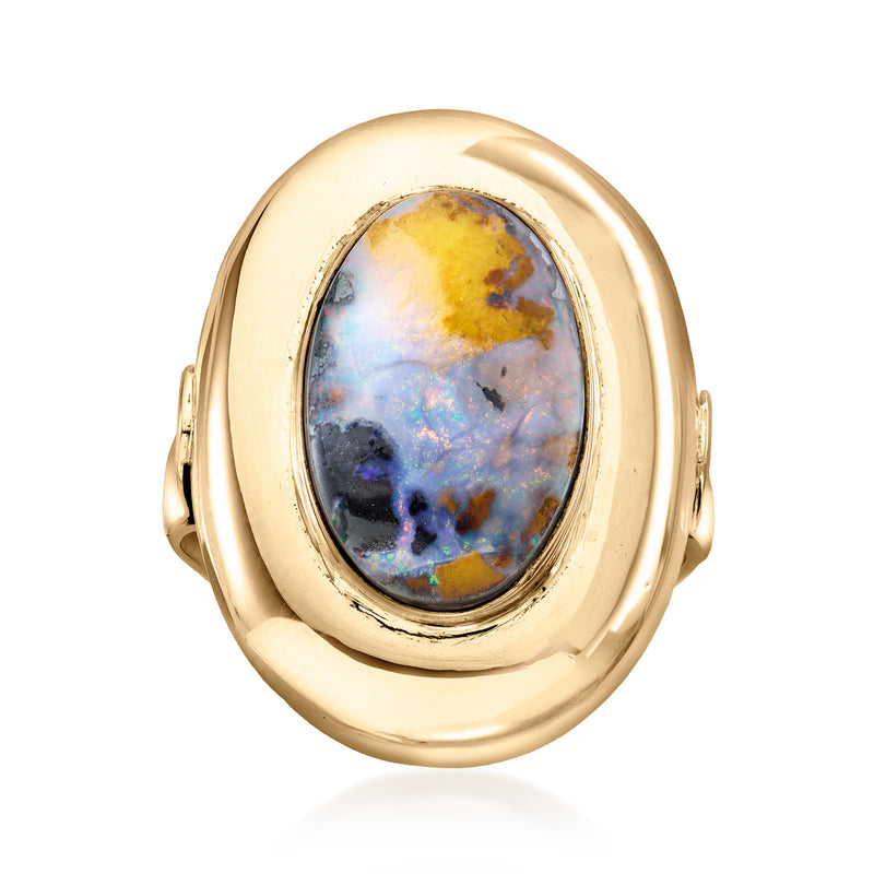 Vintage 9kt yellow gold boulder opal ring with oval opal set in bezel