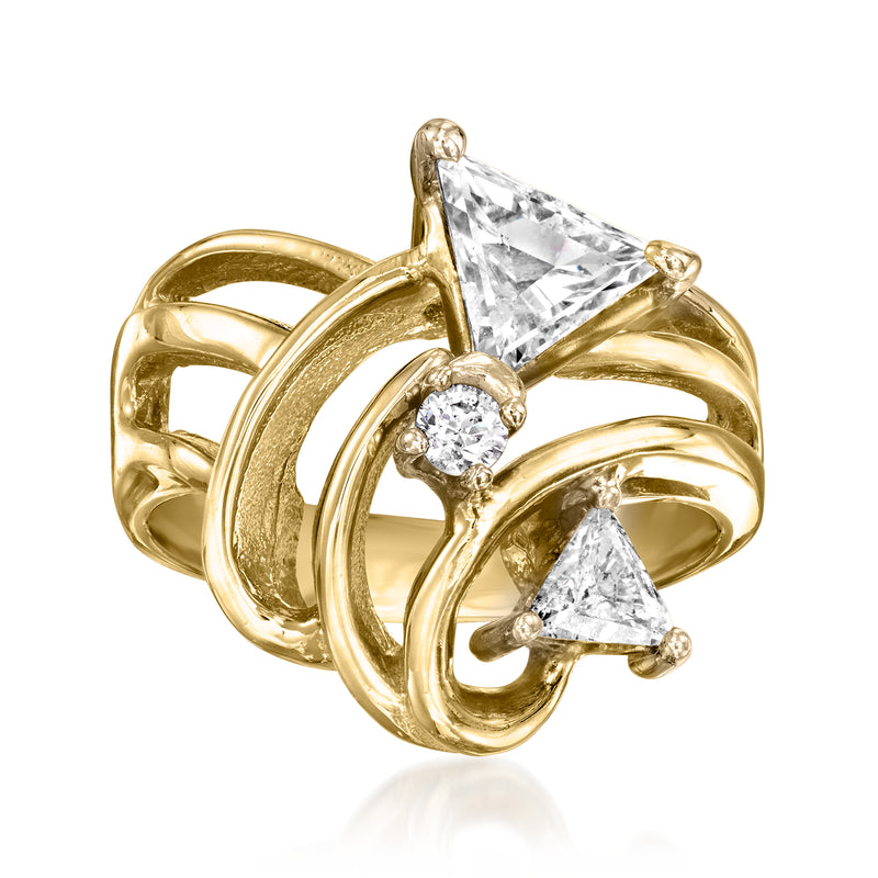 14kt yellow gold swirl ring with one large and two small diamonds