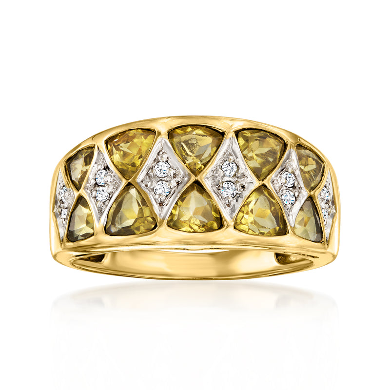 14kt yellow gold ring with oval golden beryl center stones and diamond accents, vintage style
