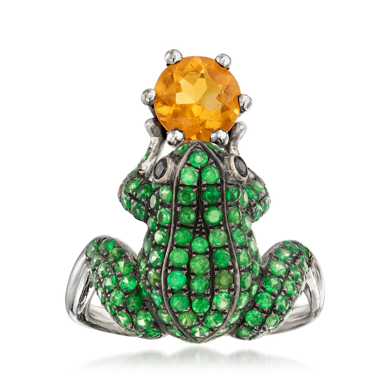 Vintage frog ring in 18kt white gold with citrine, tsavorite stones and black diamond accents