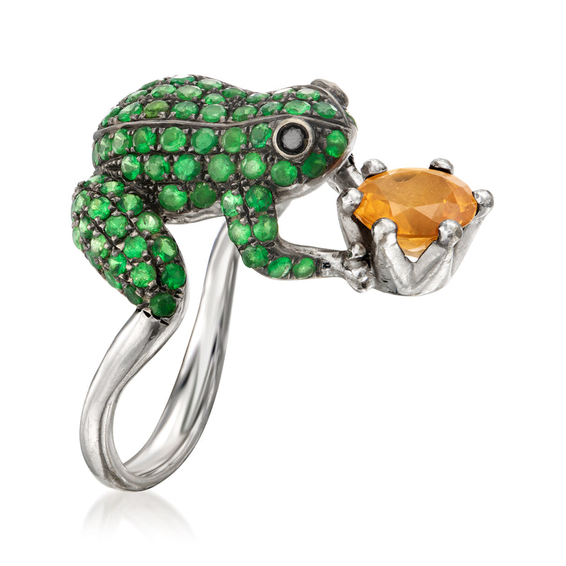 Frog ring with green tsavorite stones, citrine gemstone, and black diamond eye in white gold