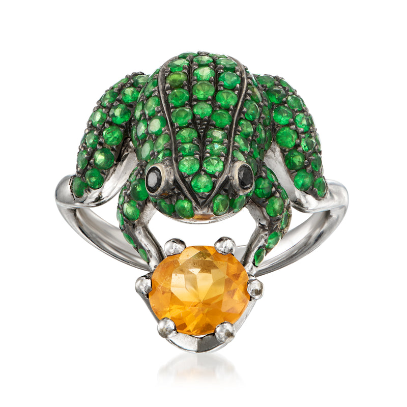 Vintage frog ring with green tsavorite, citrine, and black diamond details in white gold