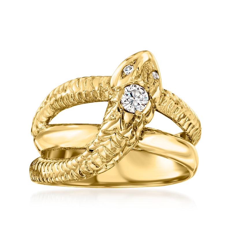 14kt yellow gold snake ring with round diamond center and engraved scales
