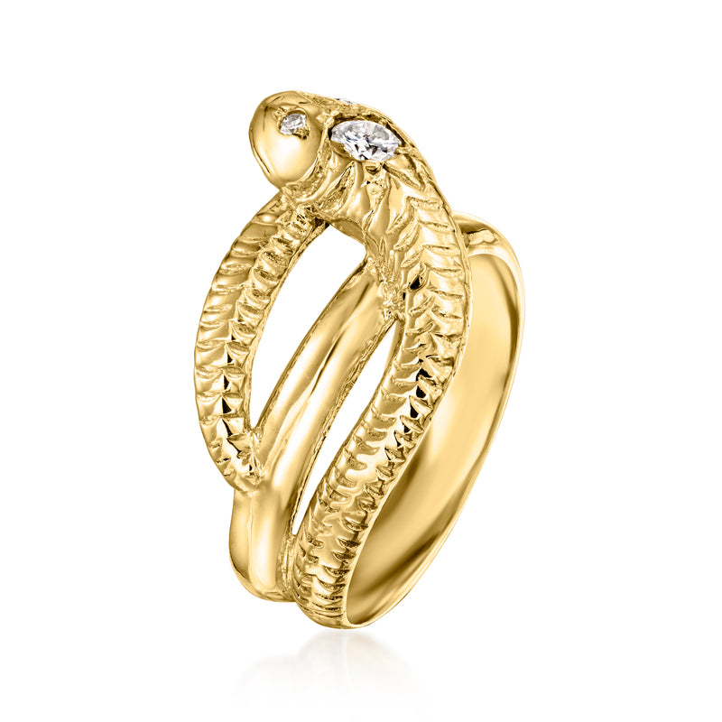 14kt yellow gold open snake ring with round diamond set on top
