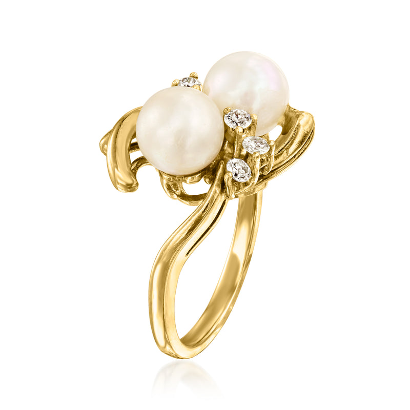 Yellow gold cultured pearl ring with diamond cluster near center, open side view