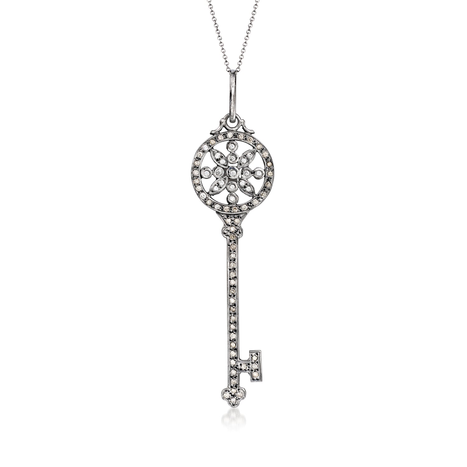 C. 1990 Vintage .93 ct. t.w. Brown and White Diamond Key Pendant Necklace in 14kt White Gold
