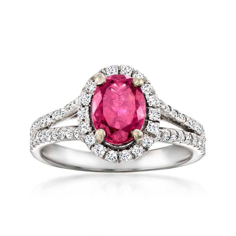 Pink oval tourmaline ring with diamond halo and split prong shoulders, 14kt white gold band