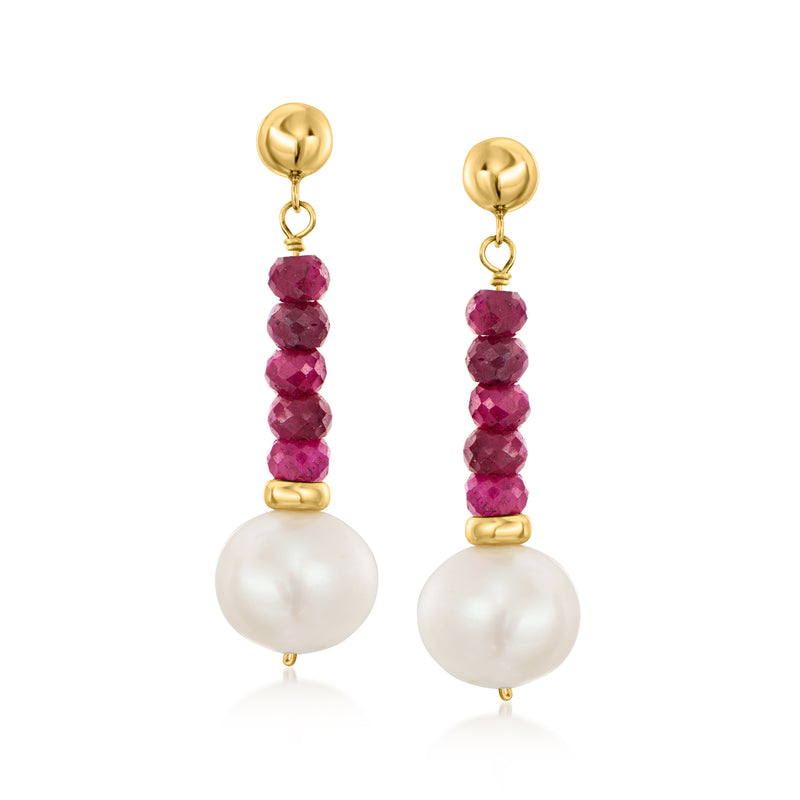 14kt yellow gold drop earrings with white cultured pearl and ruby bead tiers