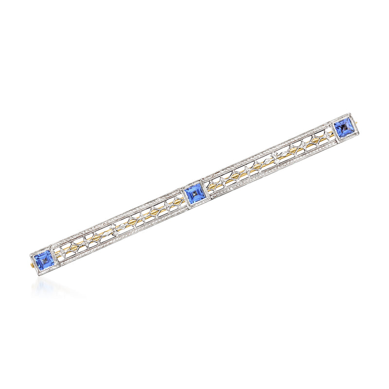 Vintage sapphire bar pin in platinum and yellow gold with blue rectangular stones
