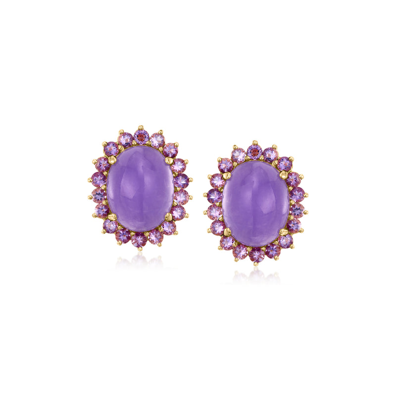 Amethyst oval halo earrings in 14kt yellow gold, lavender center with purple stones