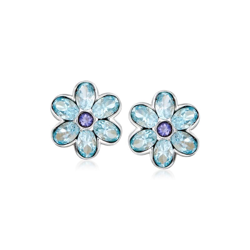 Sky blue topaz flower stud earrings with purple center, white gold settings