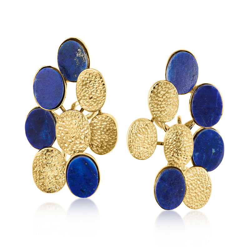 Vintage geometric lapis blue and gold-tone clip/post earrings, round disc cluster