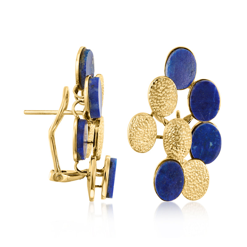 Side view: Vintage lapis blue and gold-tone geometric clip/post earrings, round discs