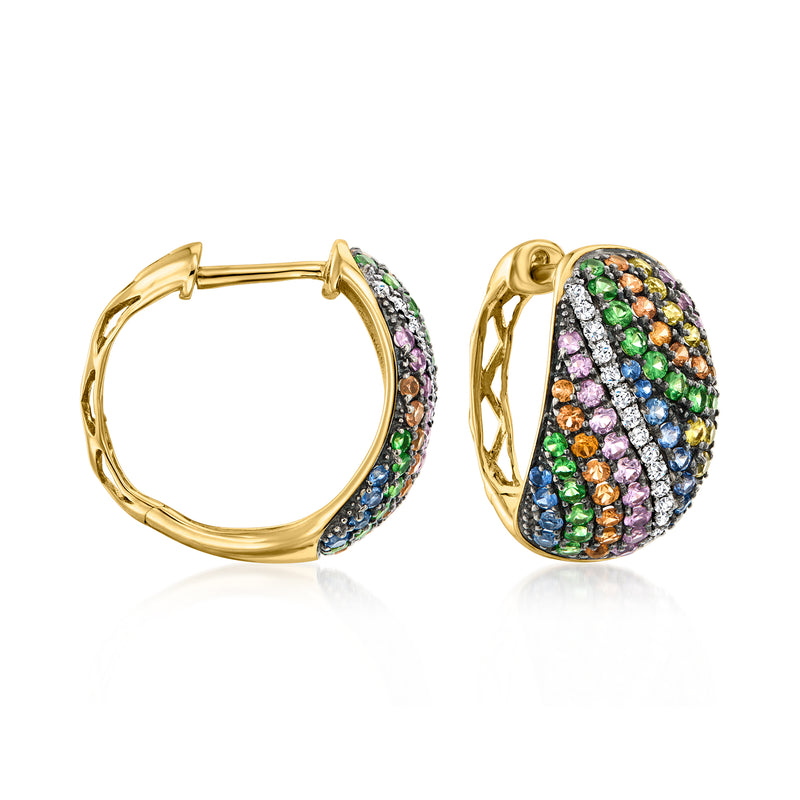14kt yellow gold multicolored gemstone hoop earrings with diamond accents