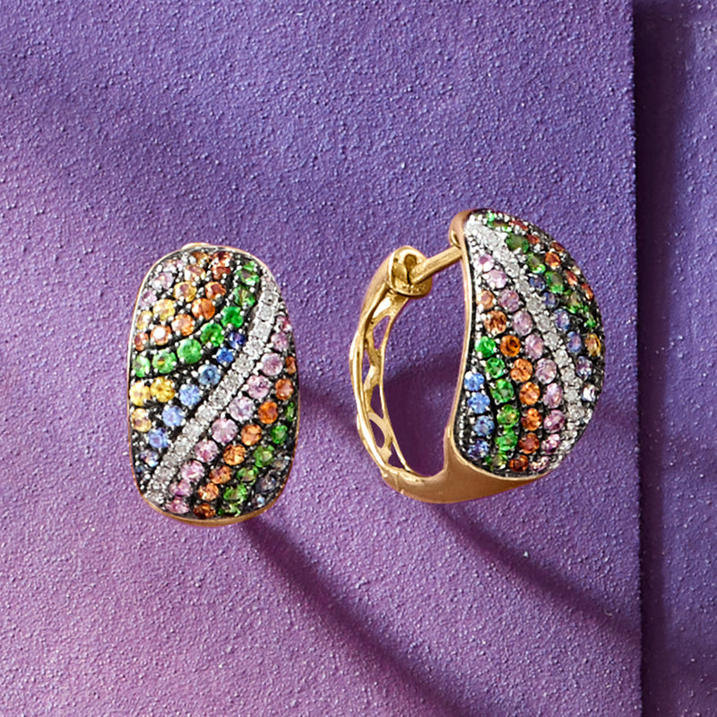 Multicolored gemstone oval hoop earrings in yellow gold, diamond border