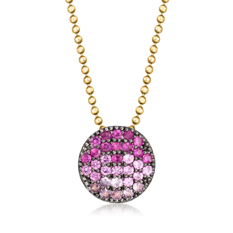 14kt yellow gold necklace with round pink sapphire disc pendant, beaded chain