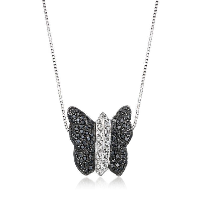 Vintage black and white diamond butterfly necklace in 18kt white gold