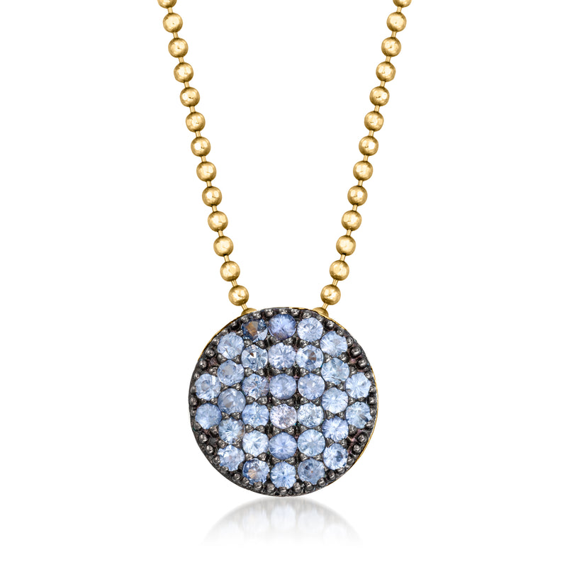 Vintage sapphire disc pendant necklace with beaded 14kt yellow gold chain