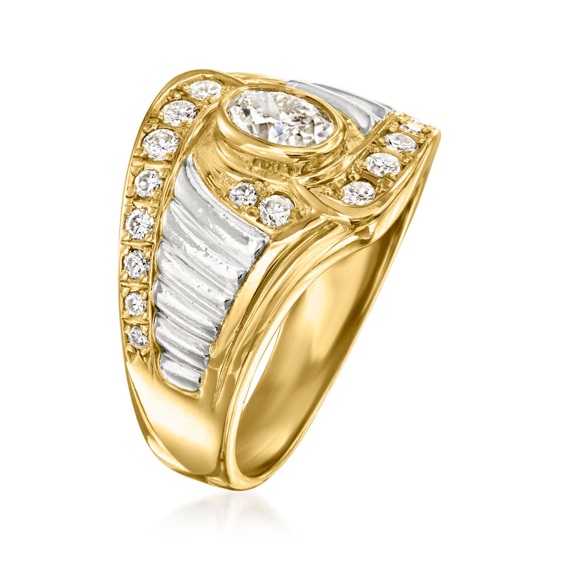 Diamond ring with oval center stone, yellow gold frame, and small side diamonds