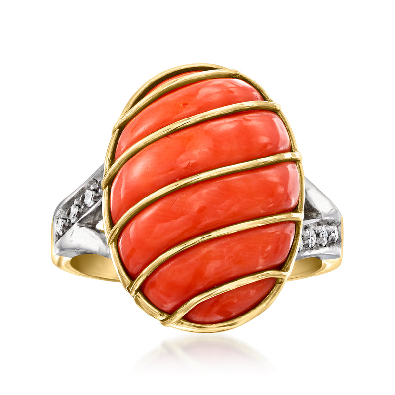 Two-tone gold ring with coral-red striped oval cabochon and diamond accents