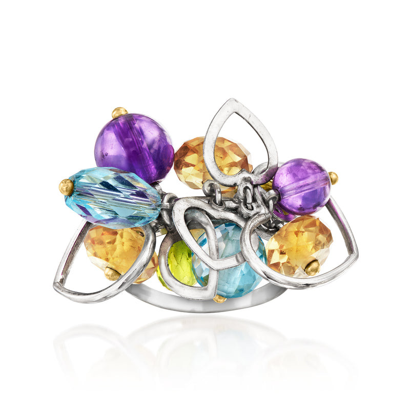 18kt white gold heart multi-gem charm ring with purple, blue, and yellow stones