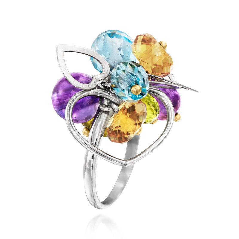 Heart multi-gem charm ring in white gold with blue, purple, and amber oval stones