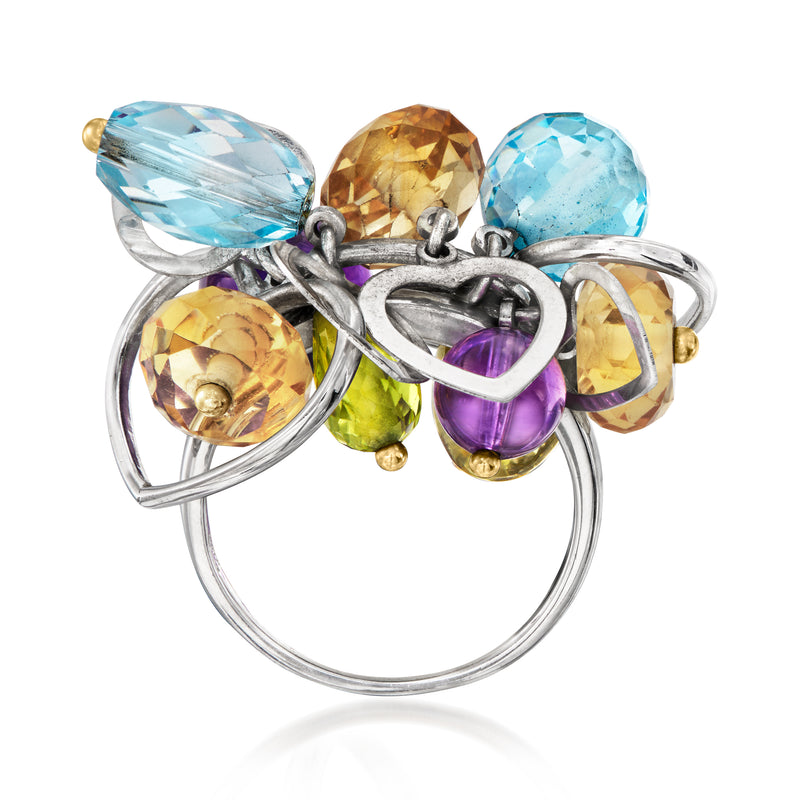 White gold heart charm ring with oval blue, purple, green, and yellow gemstones