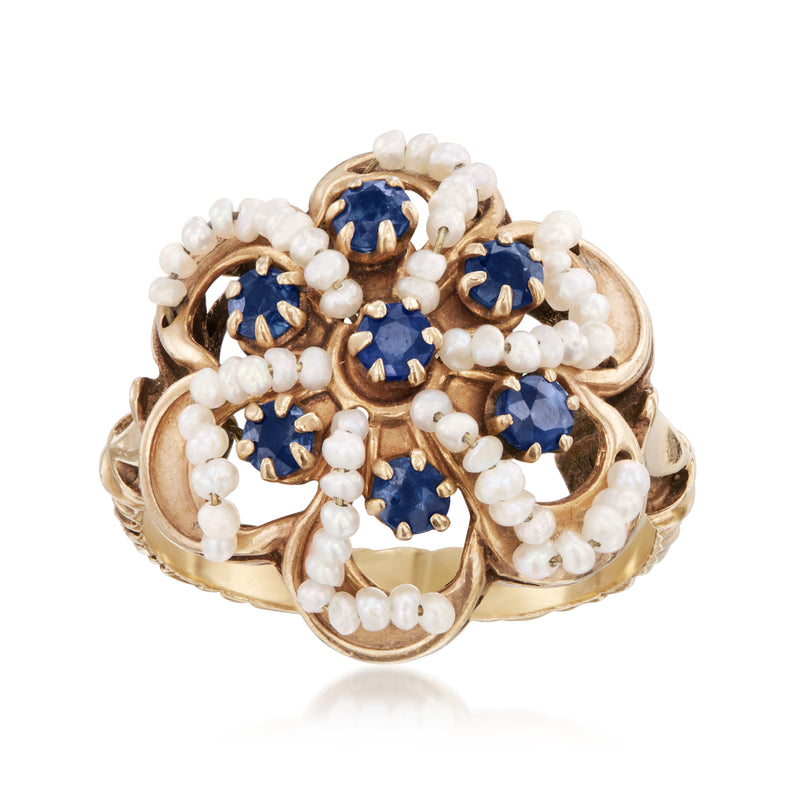 Vintage sapphire flower ring in 12kt rose gold with blue stones and white seed pearls