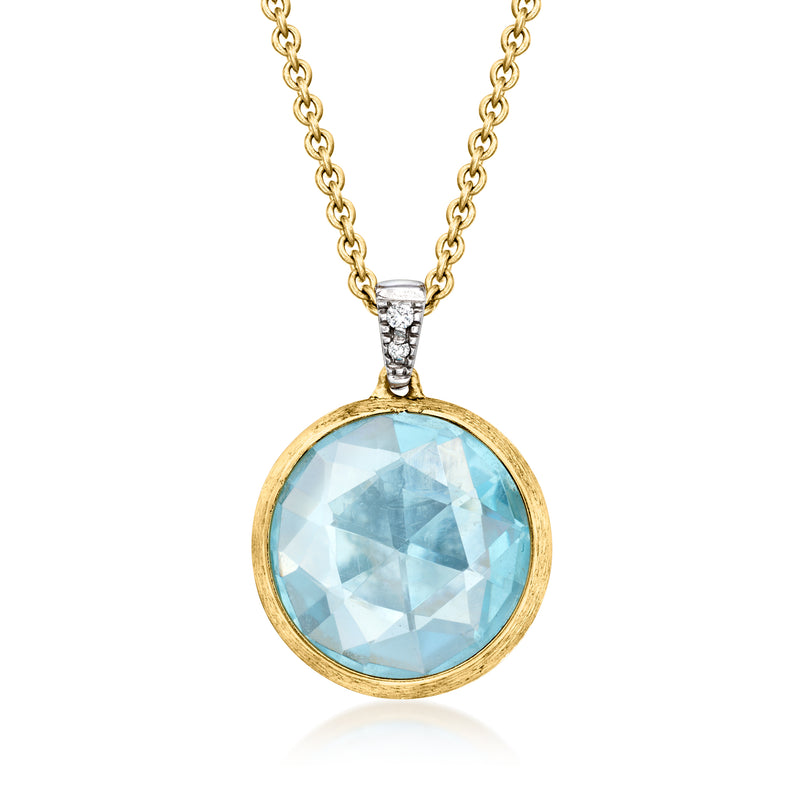 18kt yellow gold necklace with sky blue topaz pendant and diamond accents, round setting