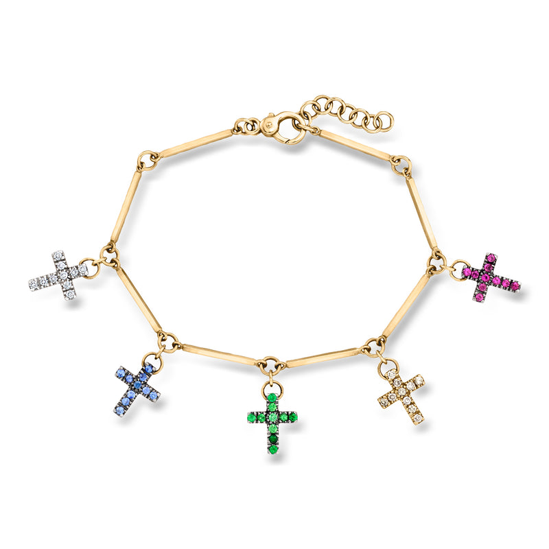 Vintage yellow gold cross charm bracelet with multi-gemstone and diamond accents
