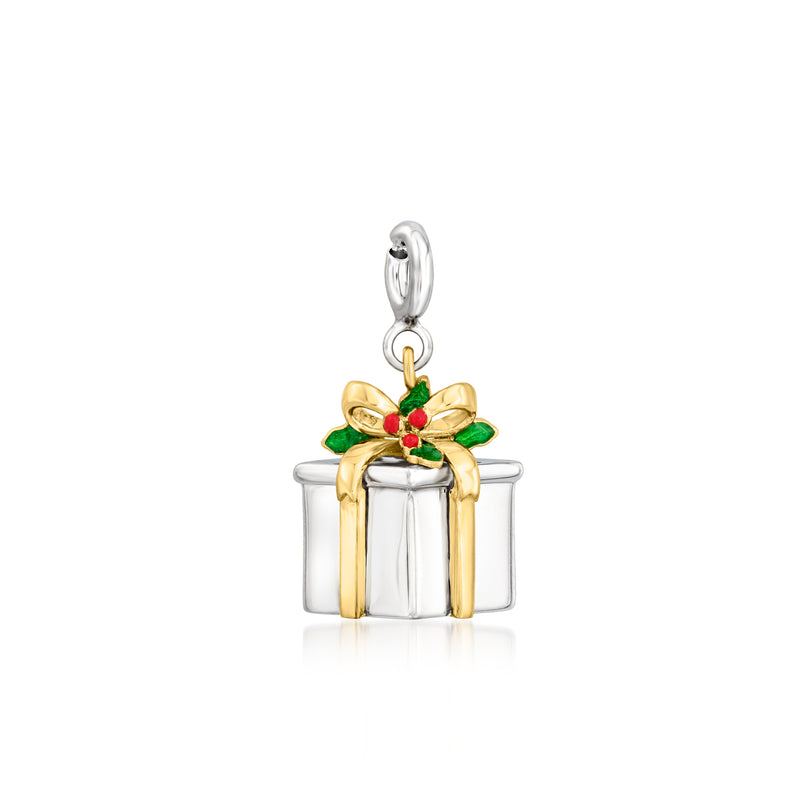 Christmas present charm in silver with gold trim and green red enamel bow