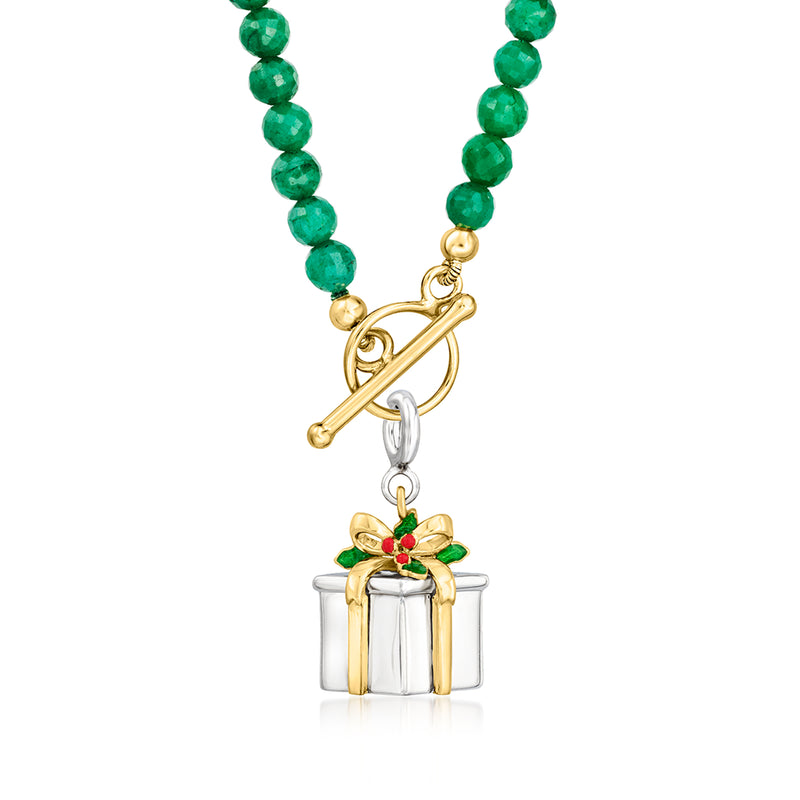 Christmas present charm with green bead strands, gold trim, and red green enamel bow