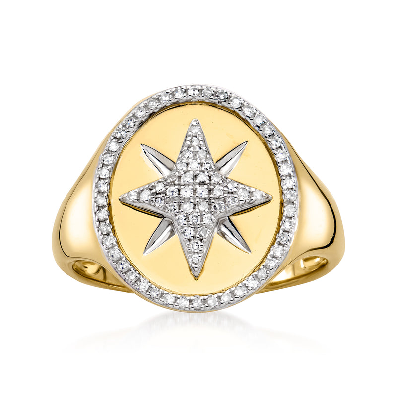 14kt yellow gold signet ring with diamond starburst center and halo border