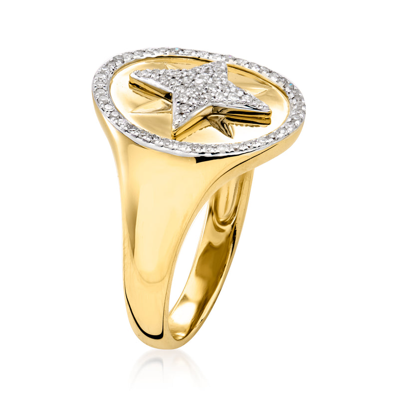 14kt yellow gold signet ring with diamond starburst top view and sparkle bezel