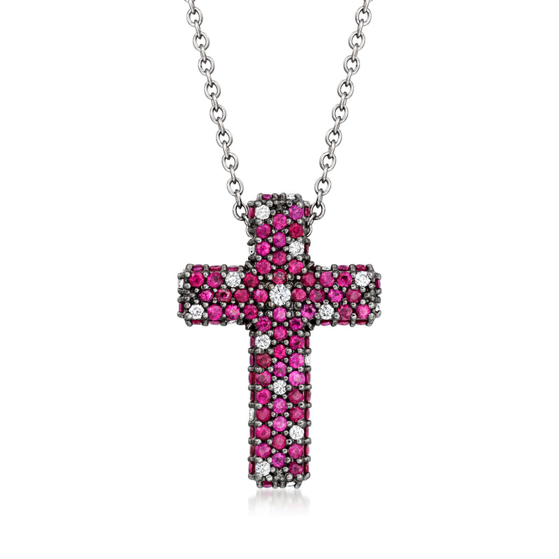 Ruby cross pendant necklace in white gold with pink stones and diamond accents