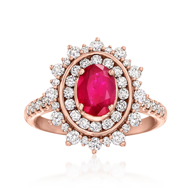 Rose gold ring with oval ruby center and diamond halo, vintage style