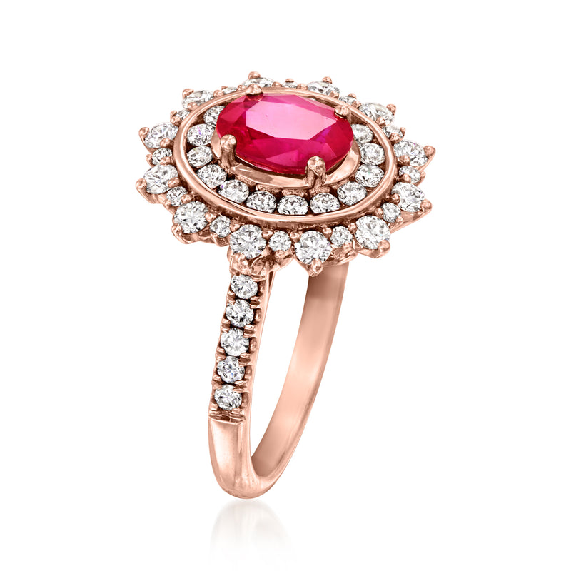 Rose gold ruby ring with oval gemstone, diamond cluster sides and halo