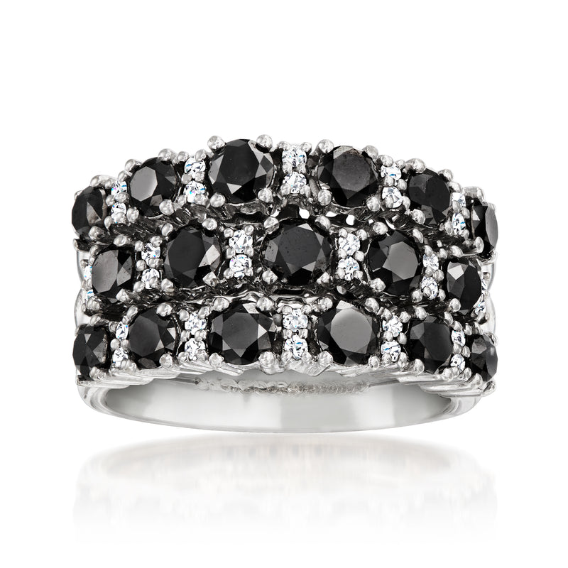 Three-row black diamond ring with white sparkle accents, set in white gold band