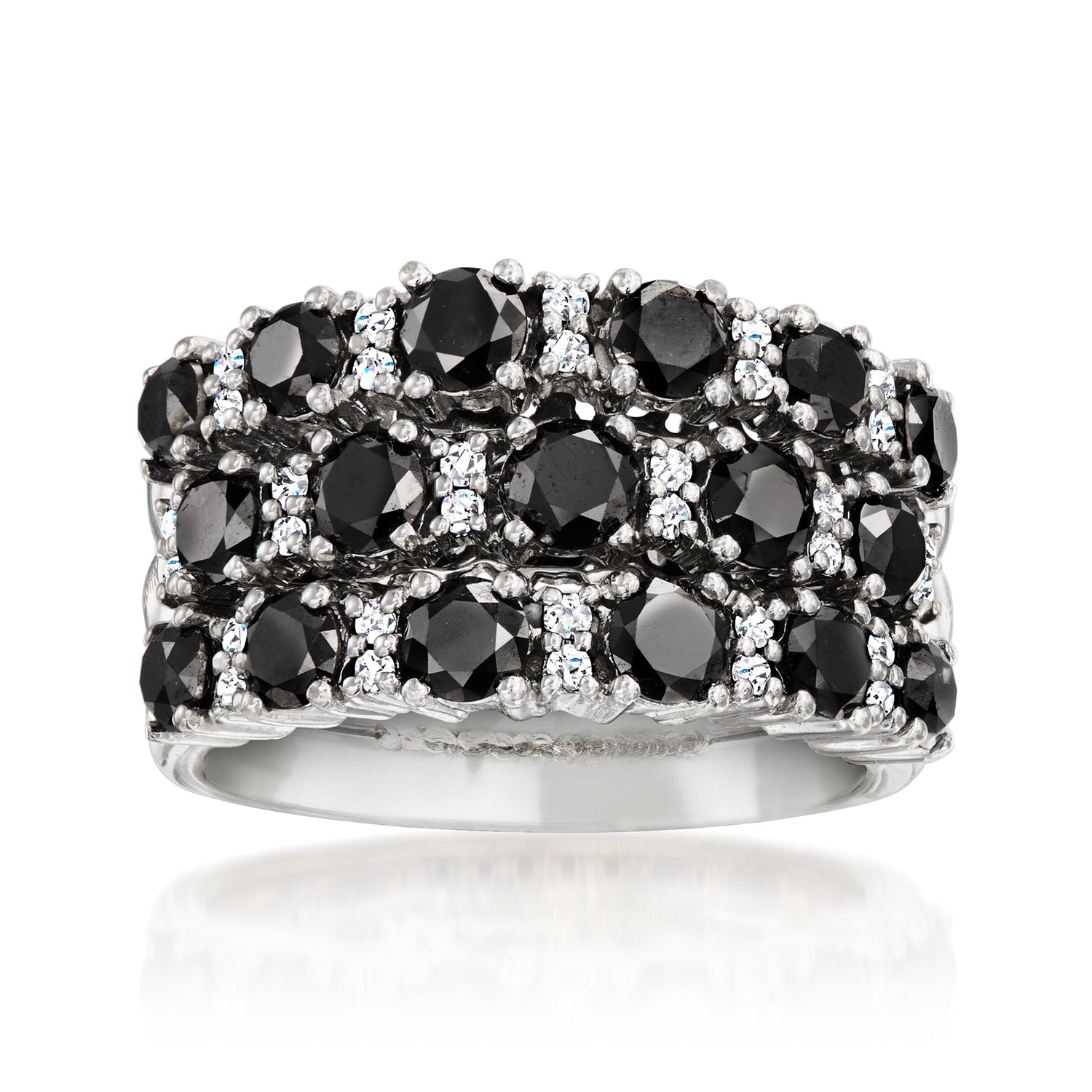 C. 1990 Vintage 2.47 ct. t.w. Black and White Diamond Three-Row Ring in 18kt White Gold