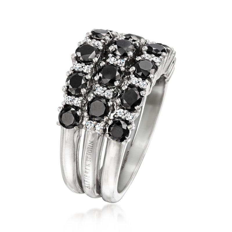 Three-row black diamond ring with white accents, prong-set on white gold band