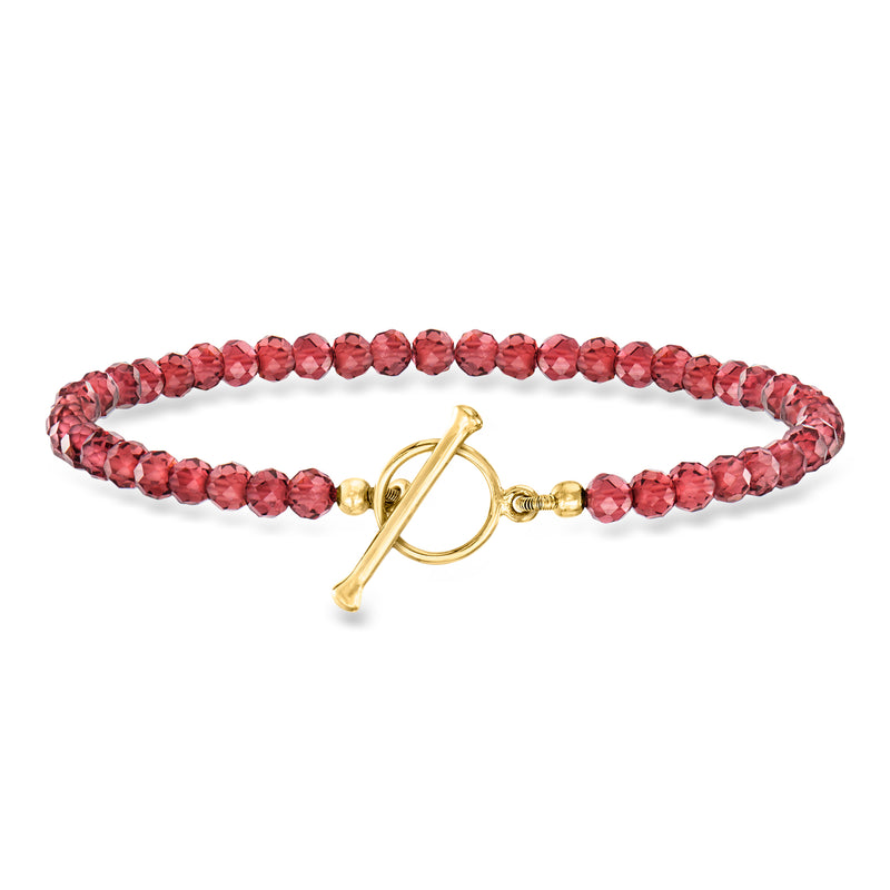 Garnet bead toggle bracelet with gold clasp and dangling letter charm