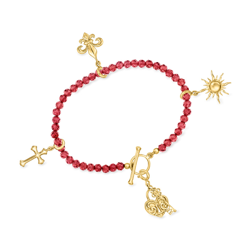 Garnet bead toggle bracelet with gold toggle clasp and sun, cross charm dangles