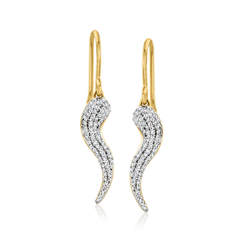 Gold over sterling diamond pave horn drop earrings with earwire hooks