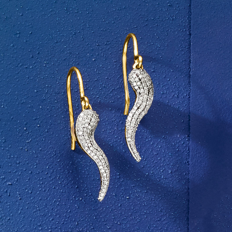 Pave diamond horn drop earrings on gold over sterling earwires