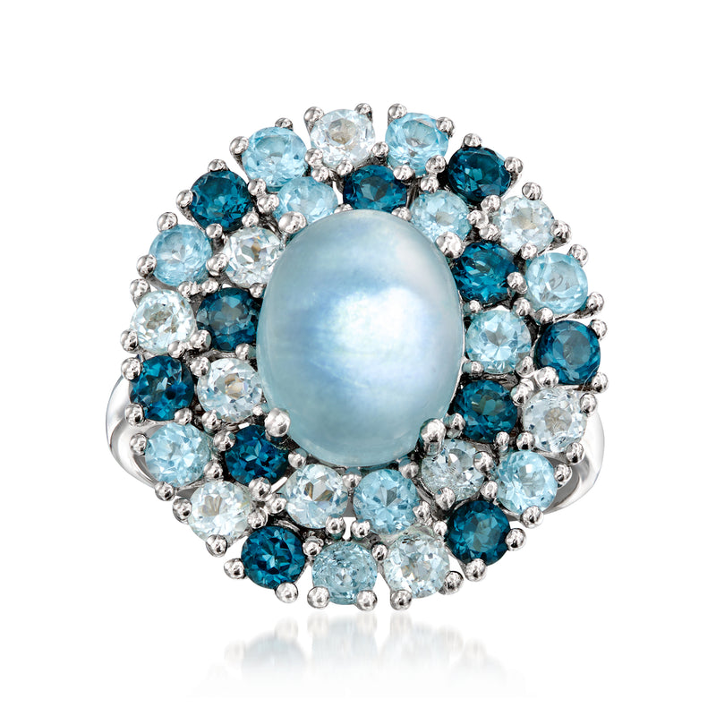 Milky aquamarine oval ring with blue gemstone halo in sterling silver band