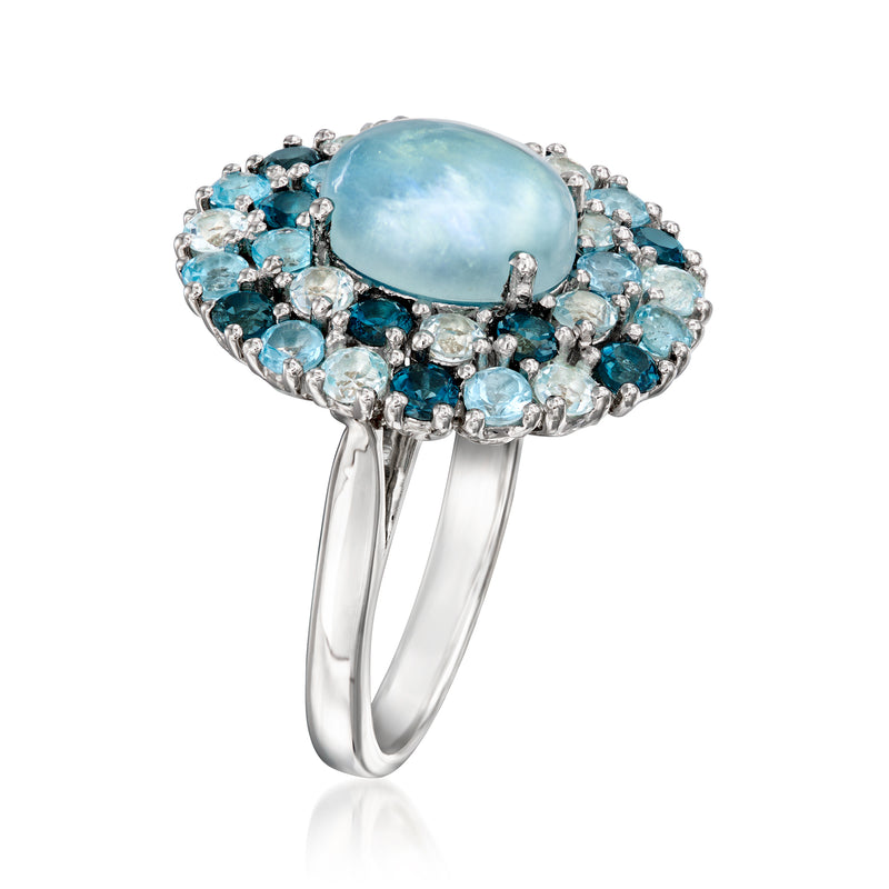 Sterling silver ring with large oval milky aquamarine center and blue side stones